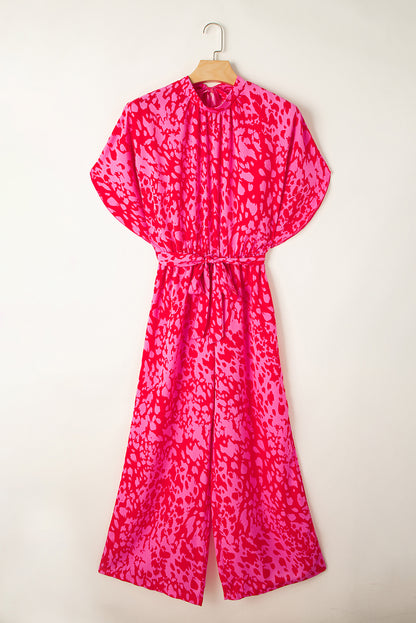 Rose leopard lose ärmel gürtel mit weitem bein jumpsuit