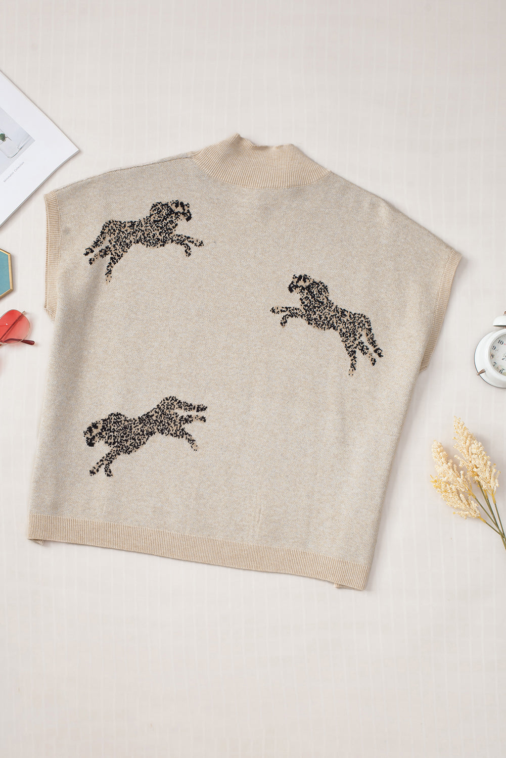 Apricot lebhaftes gepardenmuster hoher hals kurzarmpullover