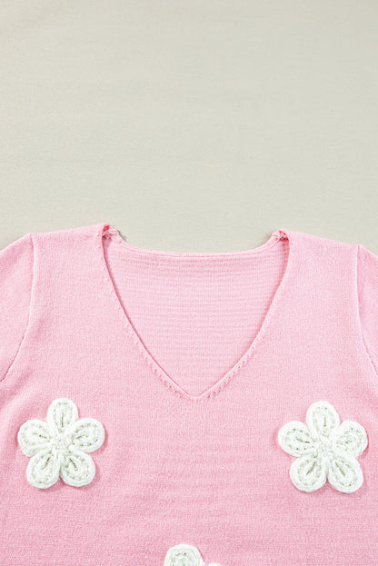 Rosa blume gehäkelt v-ausschnitt kurzarm pullover