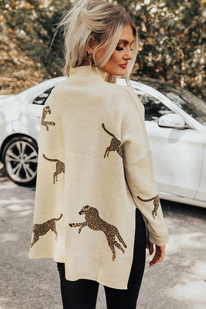 Pergament lebendiger geparden-print pullover mit hohem ausschnitt und geteiltem saum