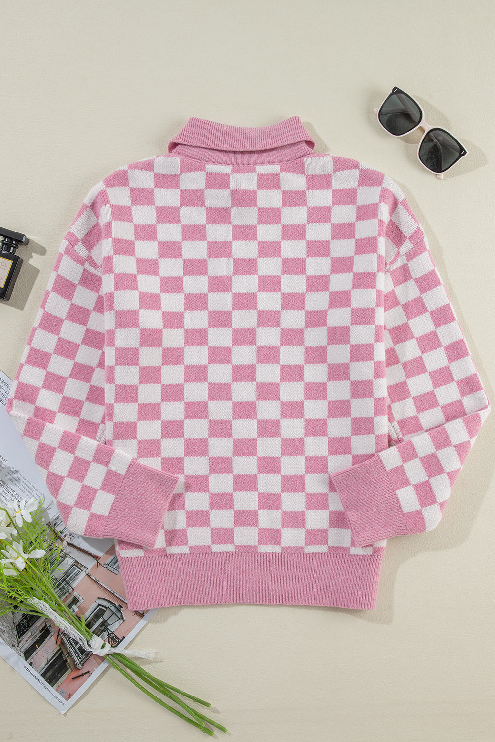 Rosa karierter knöpfe kragen v-ausschnitt drop shoulder pullover