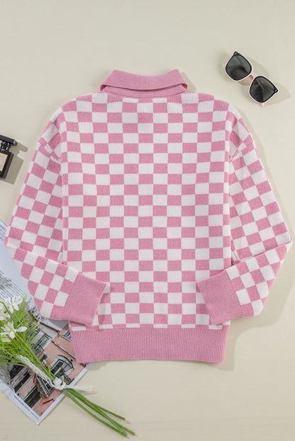 Rosa karierter knöpfe kragen v-ausschnitt drop shoulder pullover