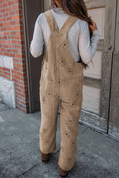 Khakifarbener kord-overall mit blumendruck