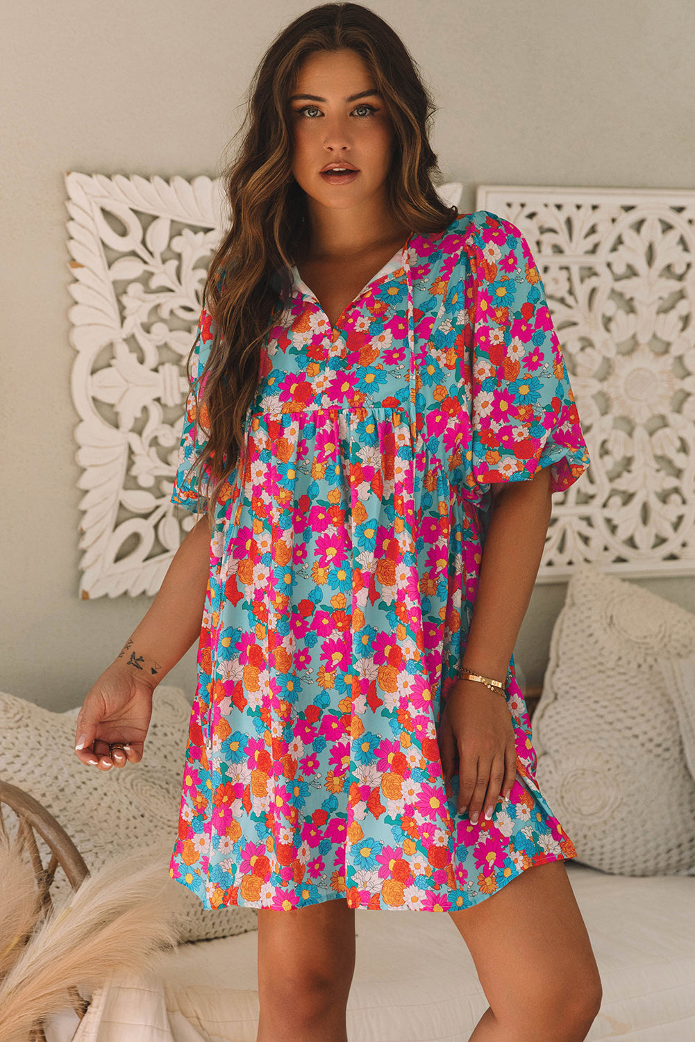 Himmelblau floral print krawatte split neck bubble sleeve babydoll kleid
