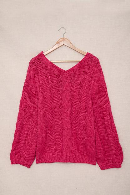 Rose bubblegum v-ausschnitt zopfstrickpullover