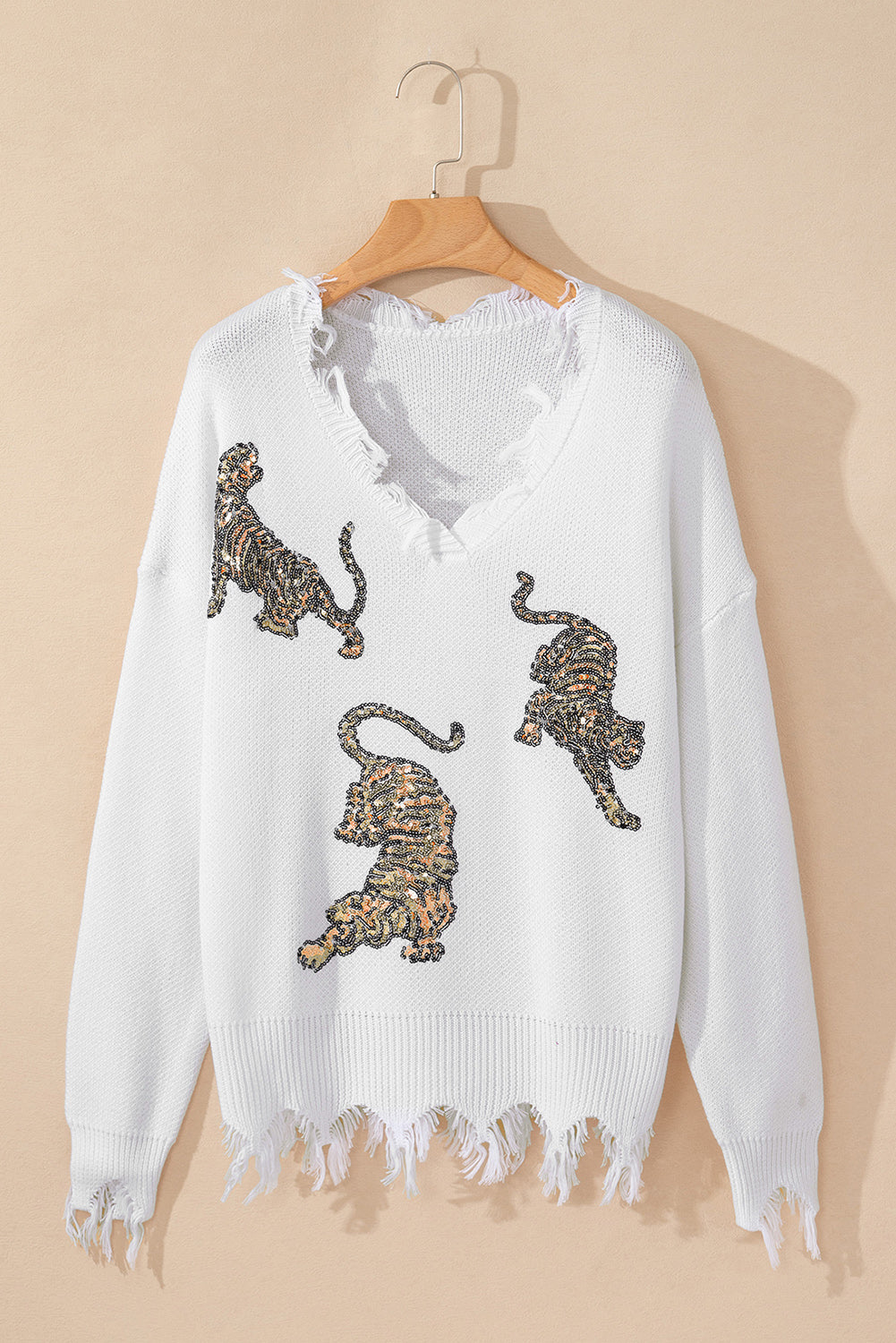 Weißer ausgefranster pailletten-tiger-pullover
