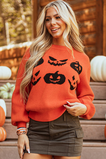 Orange halloween kürbis gesicht muster drop shoulder pullover