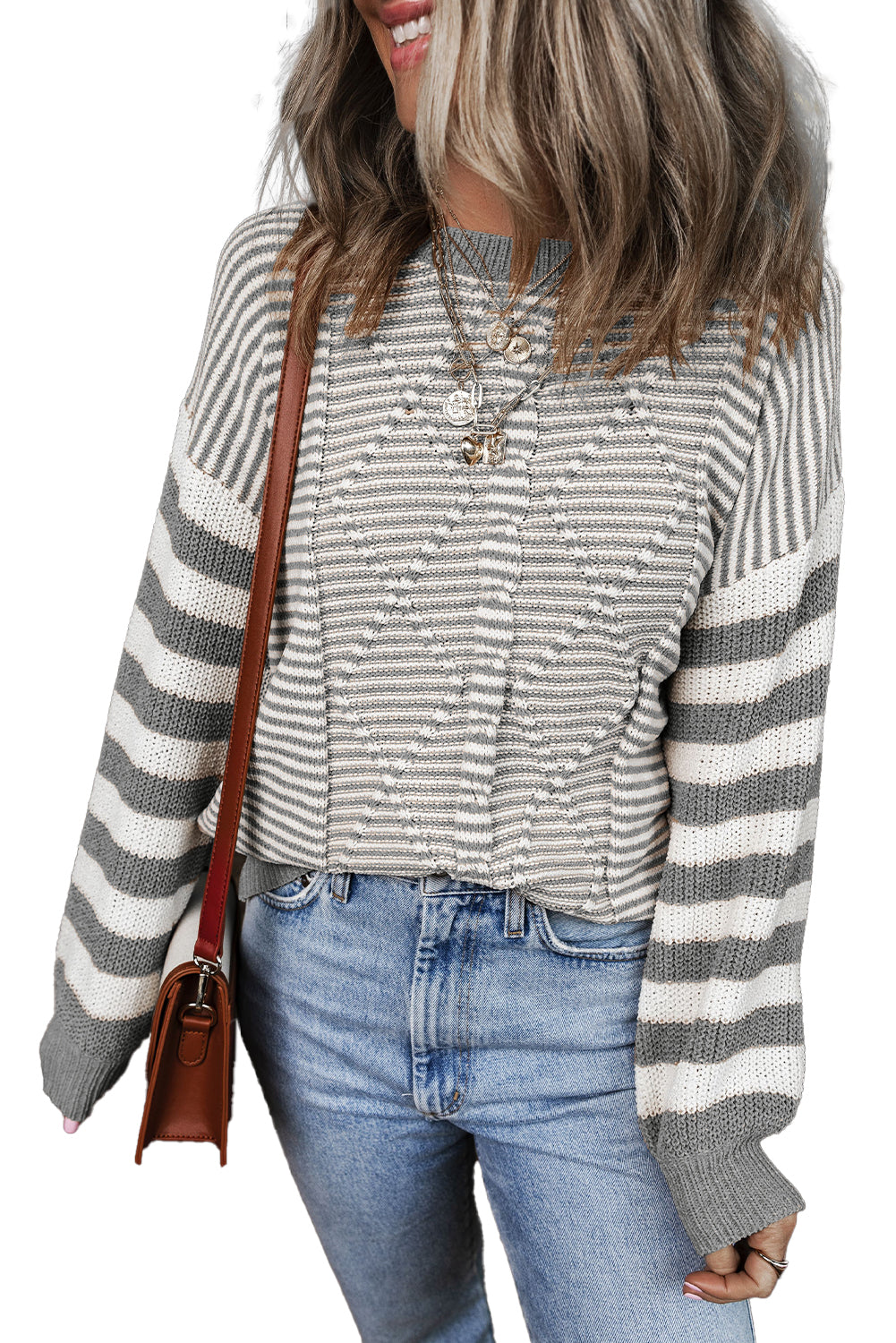 Grau gestreift geometrisch strukturiert drop shoulder pullover