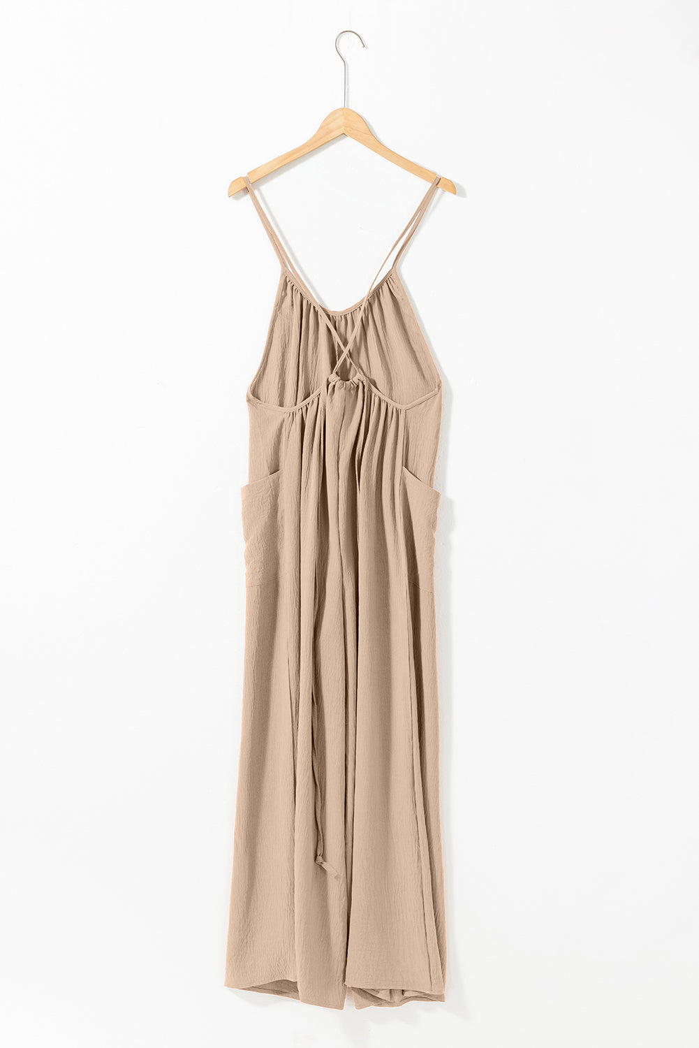 Apricot spaghettiträger taille krawatte weites bein jumpsuit mit taschen