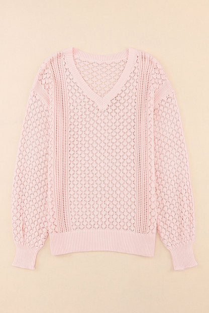 Pinker pullover mit geripptem v-ausschnitt aus lockerem pointelle-strick