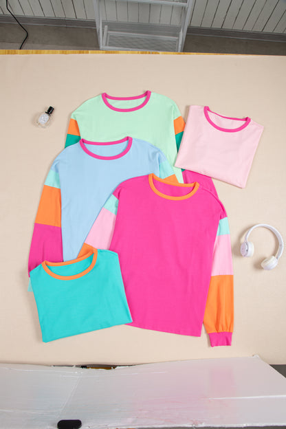 Dunkelblaues colorblock patchwork-langarm-top mit lockeren ärmeln