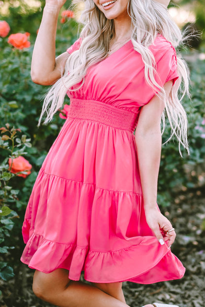 Strawberry pink geraffte ärmel v-ausschnitt smock taille gerafftes kleid