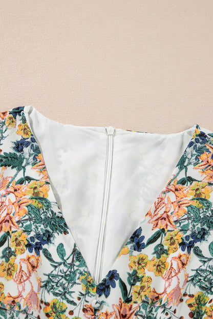 Himmelblau floral 3/4 ärmel v-ausschnitt hohe taille gerafftes kleid