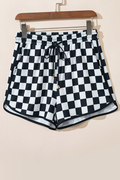 Schwarz karierte Shorts mit elastischer Taille und Kordelzug