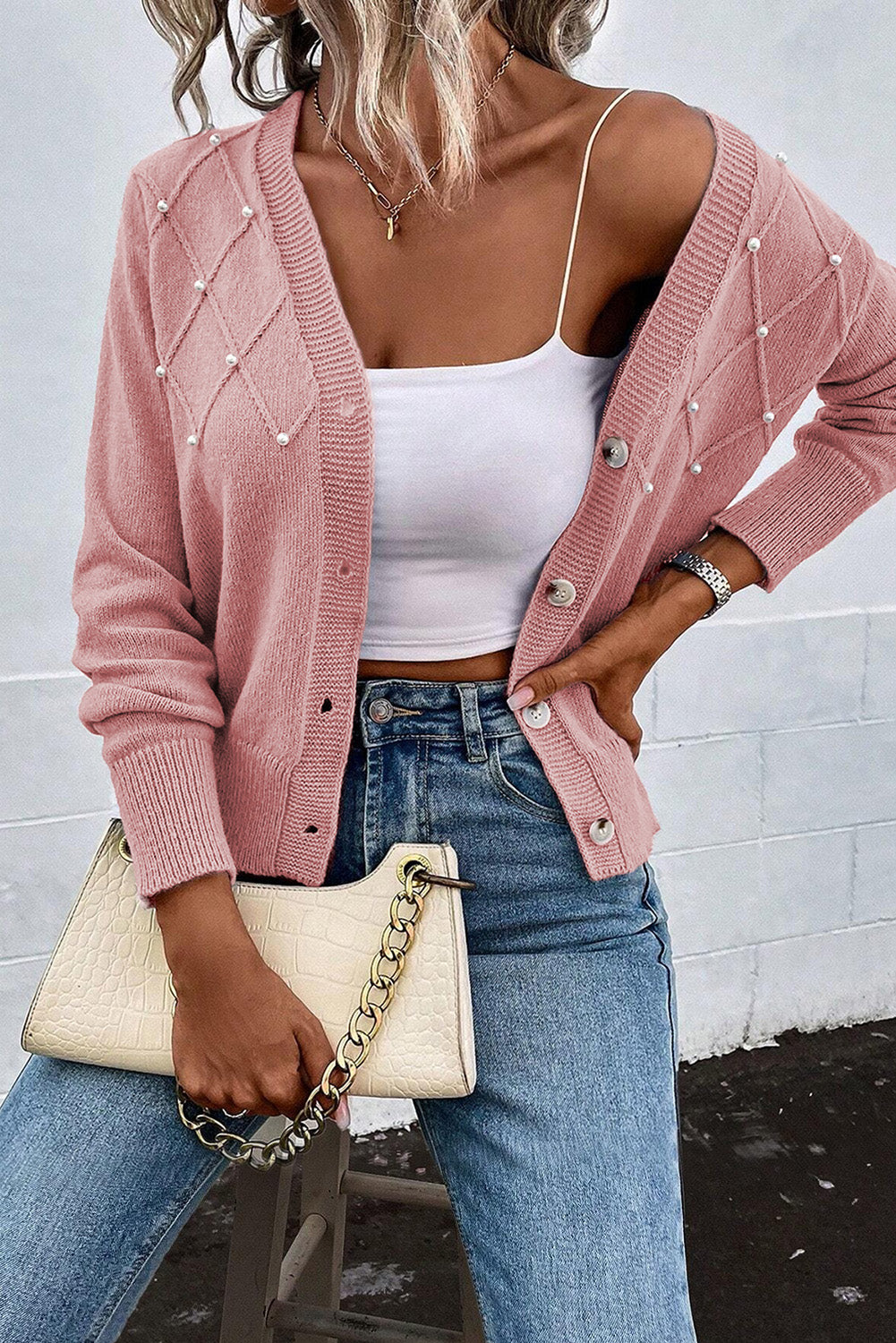 Sepia rose strukturierte strickjacke mit perlen und knopfleiste