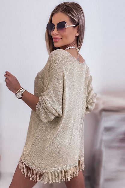 Khaki leichter strickpullover mit fransensaum