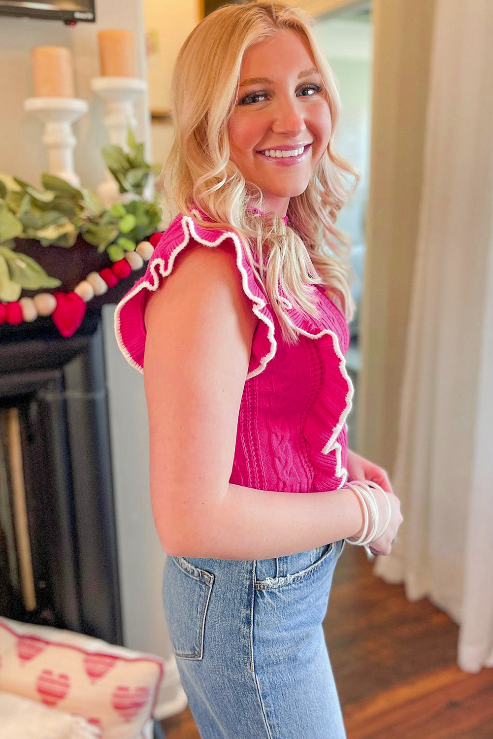 Erdbeerrosa strukturierter strick mit gerafftem halsausschnitt pullover tank