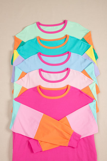 Dunkelblaues colorblock patchwork-langarm-top mit lockeren ärmeln