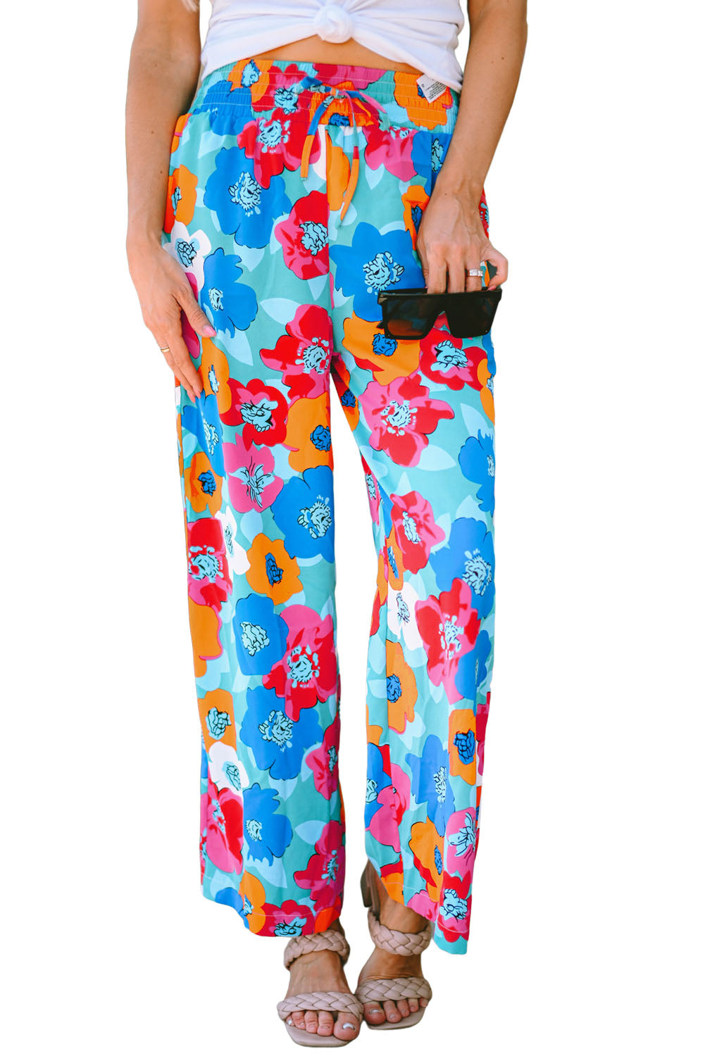 Mehrfarbige abstrakte florale druck kordelzug breite taille hose
