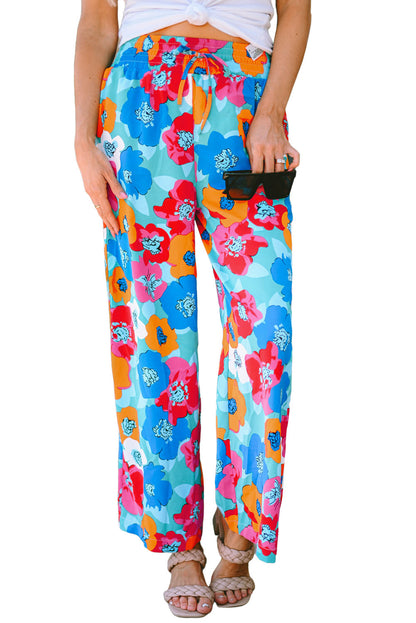 Mehrfarbige abstrakte florale druck kordelzug breite taille hose