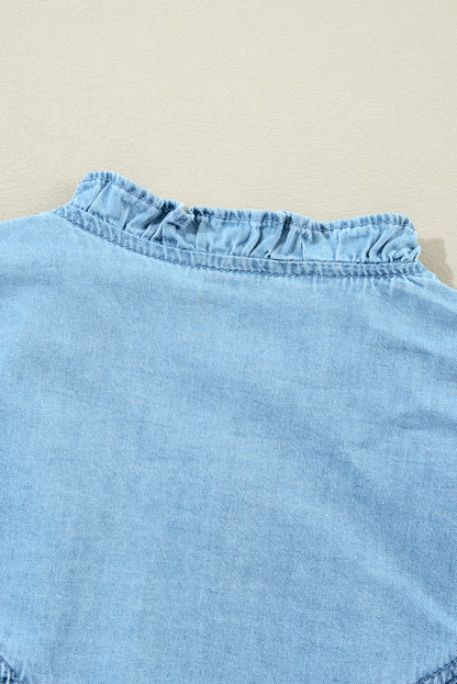 Myosotis Geraffter V-Ausschnitt Geknöpftes Shift-Denim-Kleid