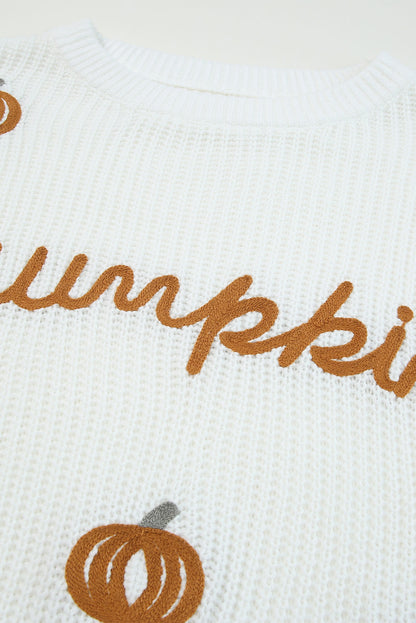 Weißer kürbis-garnstich-rippenstrickpullover