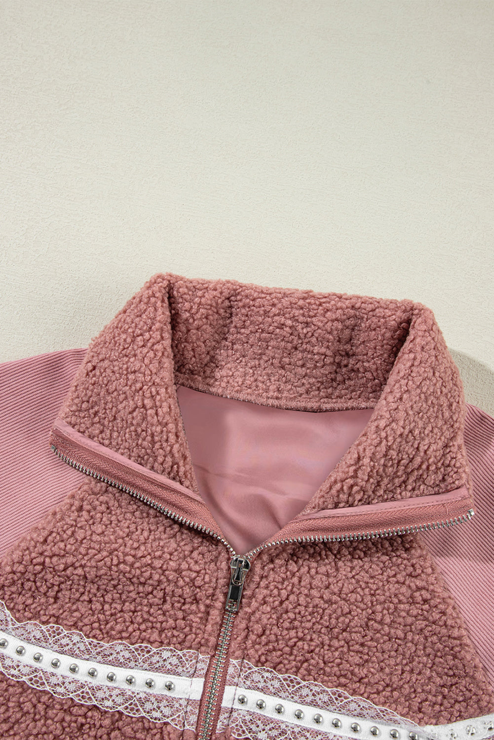Rosa sherpa patchwork spitze elastische manschette zip up jacke