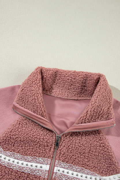 Rosa sherpa patchwork spitze elastische manschette zip up jacke
