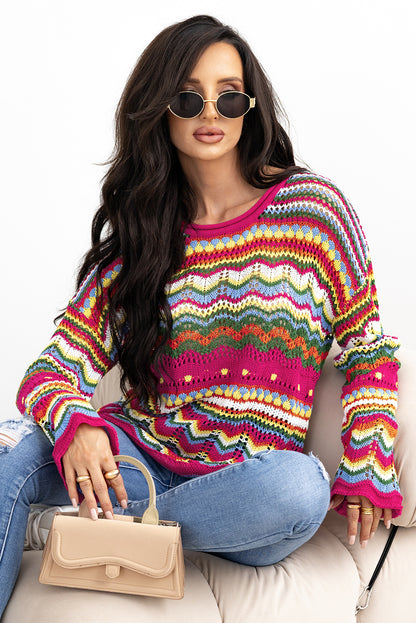 Rosenroter colorblock gestreifter strickpullover mit losen ärmeln