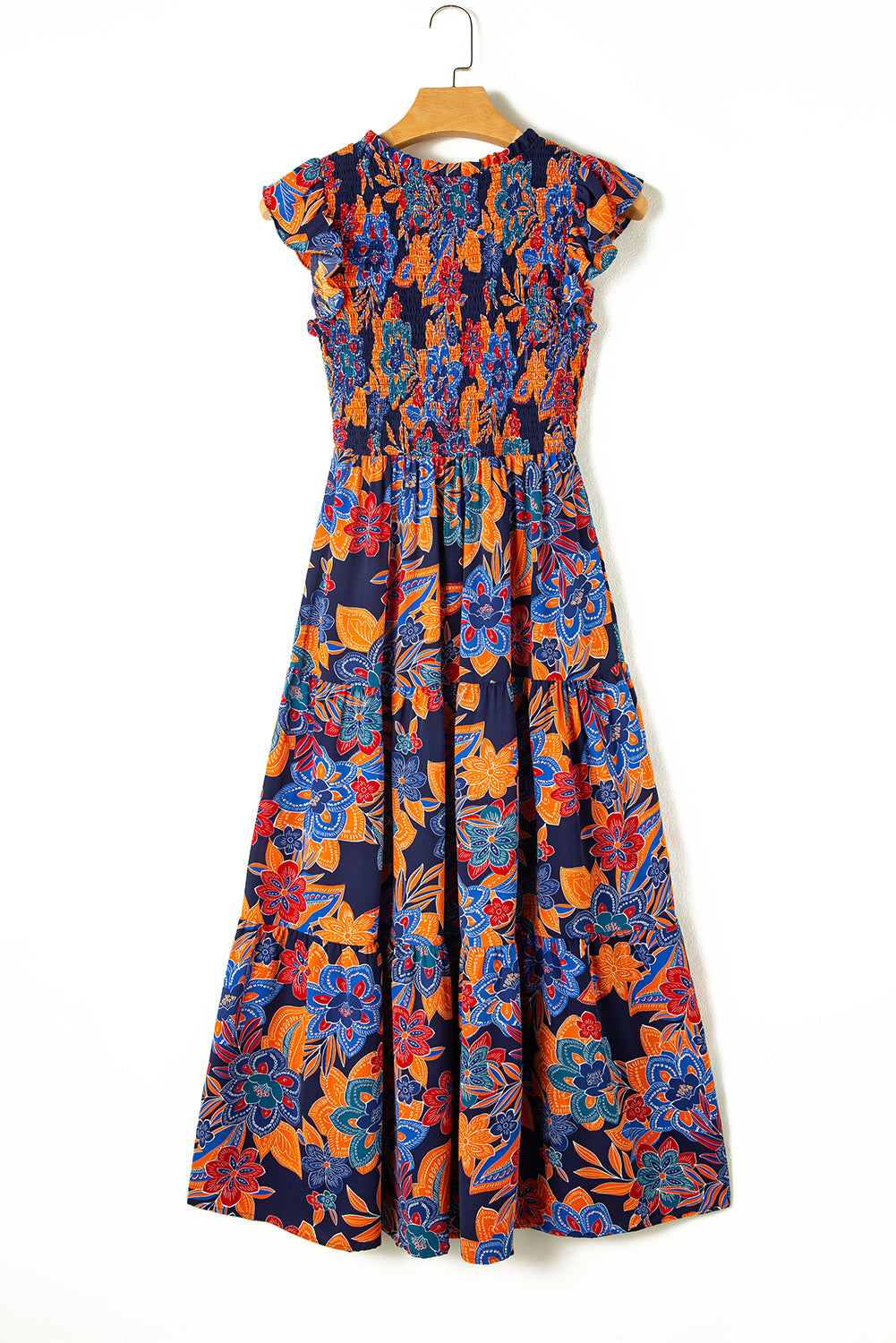 Dunkelblau boho floral v-ausschnitt rüschen gestreiftes langes kleid