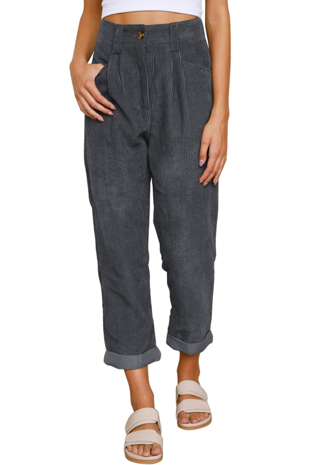 Graue kordhose mit hoher taille und geradem bein
