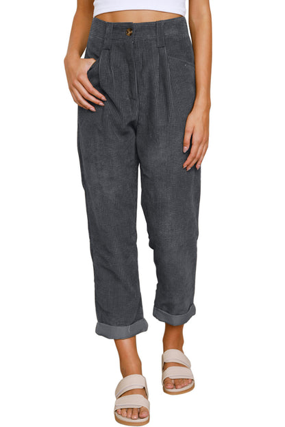 Graue kordhose mit hoher taille und geradem bein