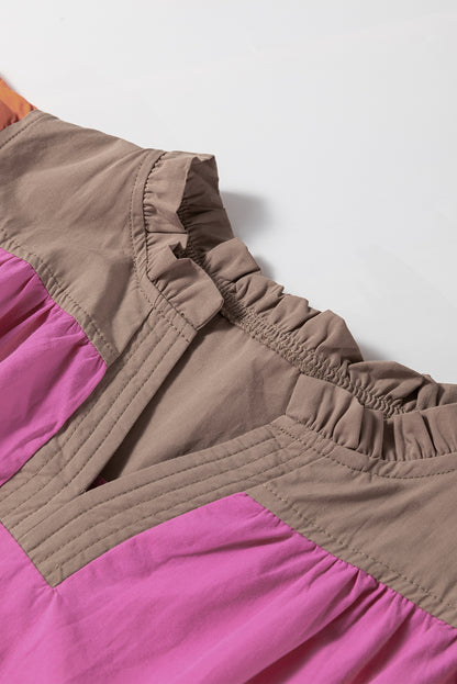 Bonbon farbblock gestuftes kleid mit gekerbtem hals und rüschenärmeln