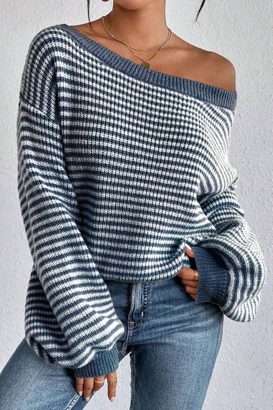 Segelblau gestreift laterne ärmel drop shoulder gemütlichen pullover