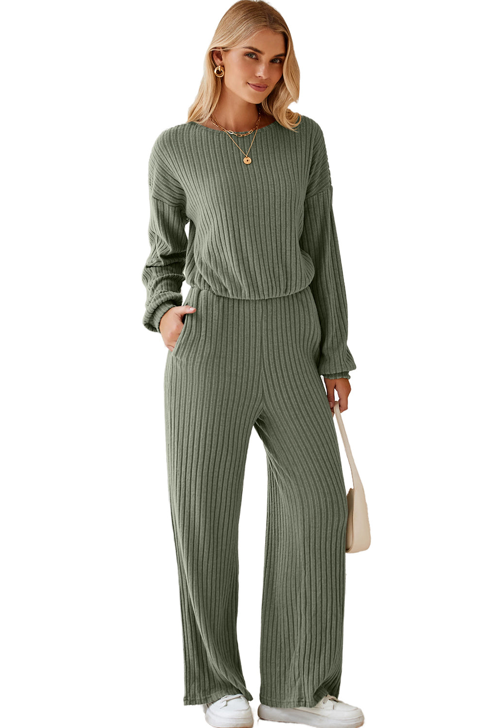 Lorbeergrüner vollrippstrick schlüsselloch zurück hohe taille jumpsuit
