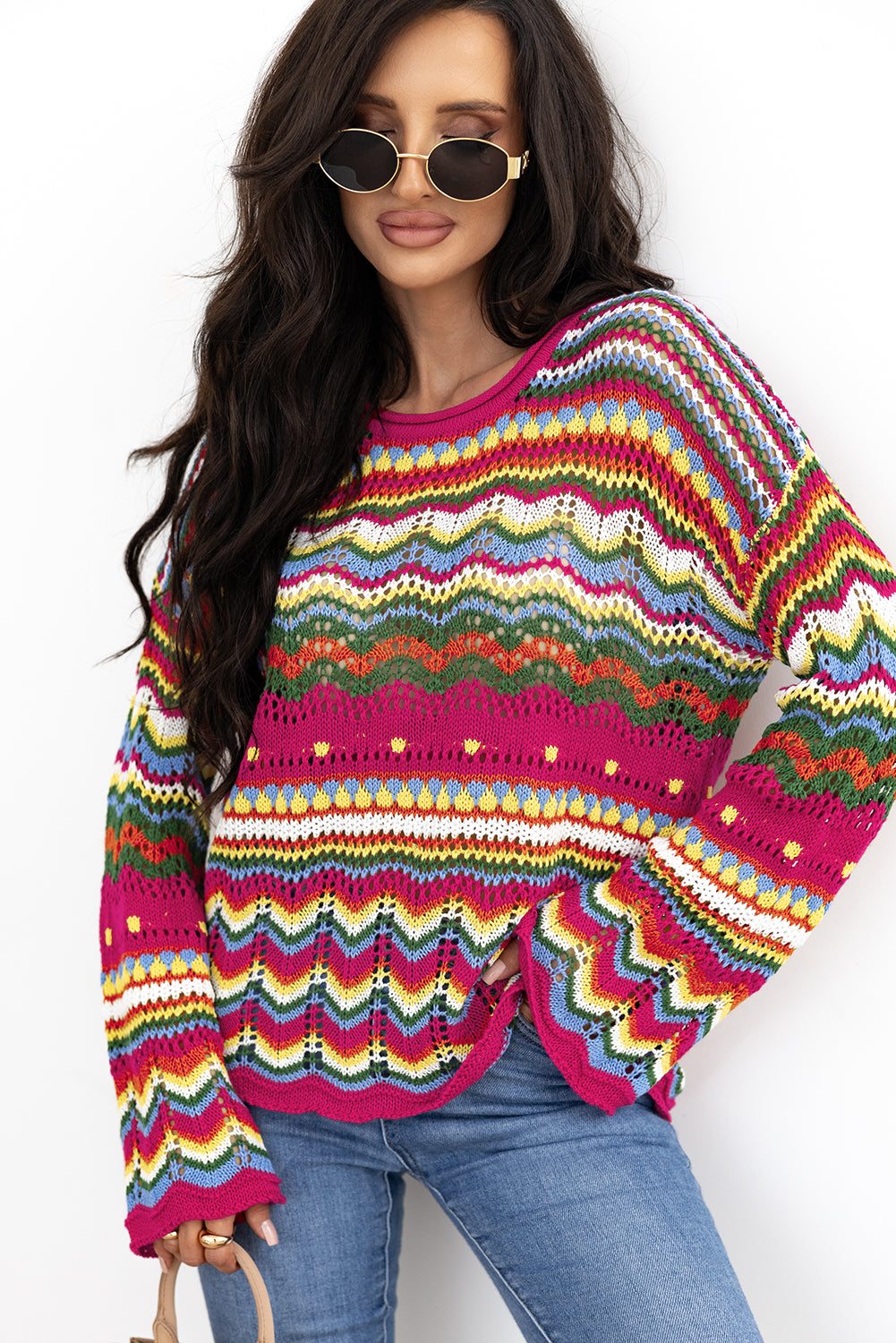 Rosenroter colorblock gestreifter strickpullover mit losen ärmeln