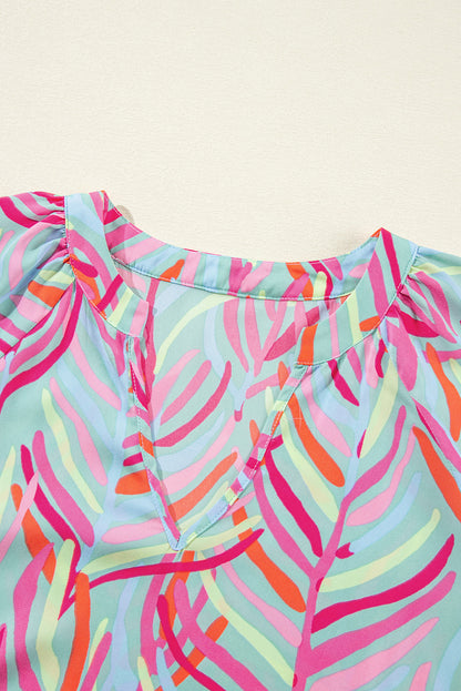 Hellblaues abstrakt bedrucktes Ricrac Kleid mit gestuften Puffärmeln
