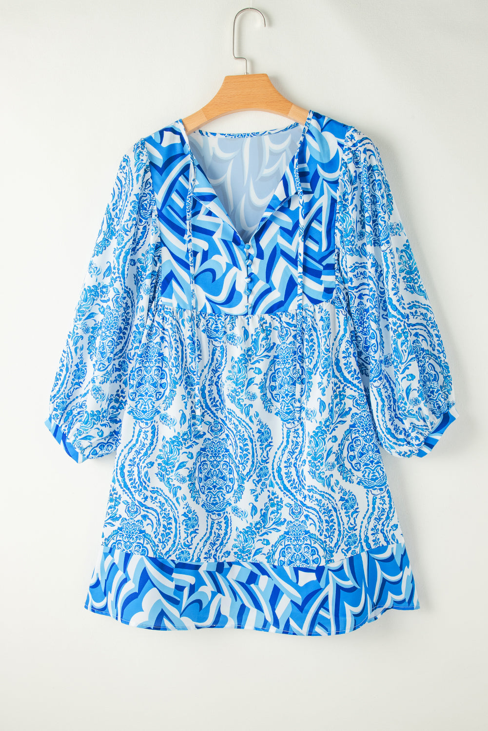Himmelblau bohemian print puff sleeve tied v neck flared mini dress
