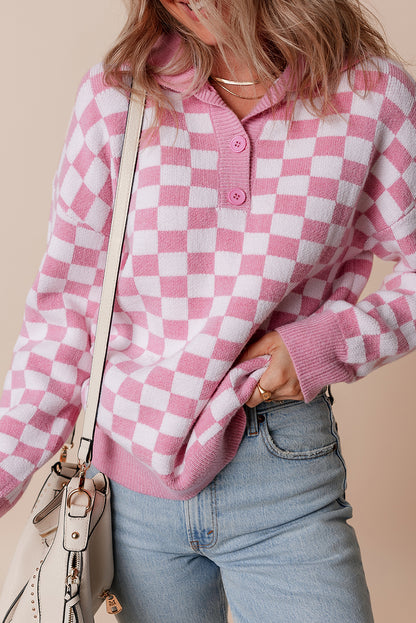 Rosa karierter knöpfe kragen v-ausschnitt drop shoulder pullover