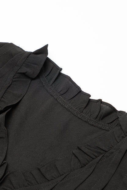 Schwarzes Shiftkleid mit Rüschenärmeln und V-Ausschnitt mit Rüschen