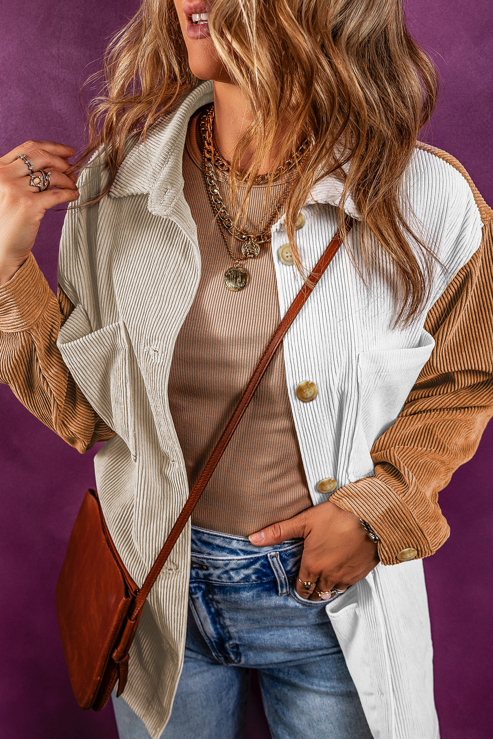 Mehrfarbige cord-colorblock-jacke (lose)