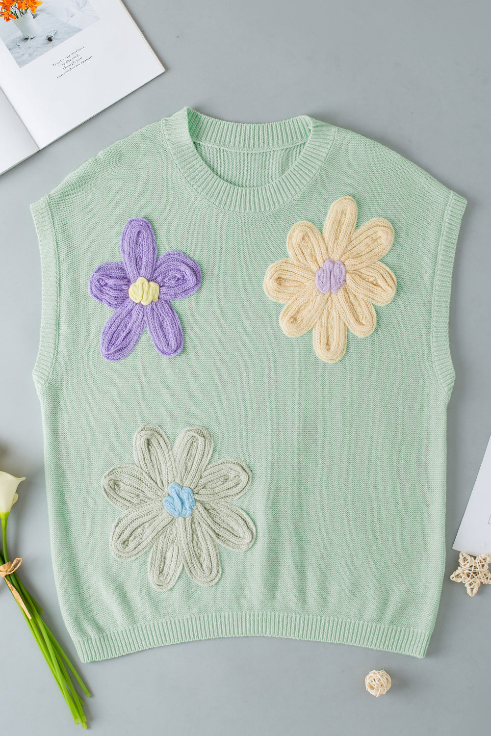 Moonlight jade multi crochet flower knit kurzarm pullover top