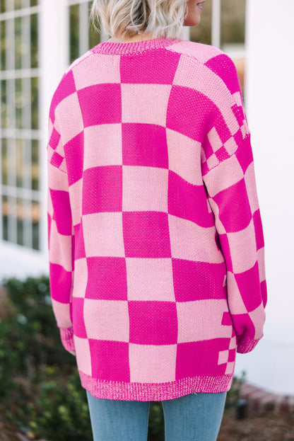Rot karierte strickjacke mit geripptem saum und offener vorderseite