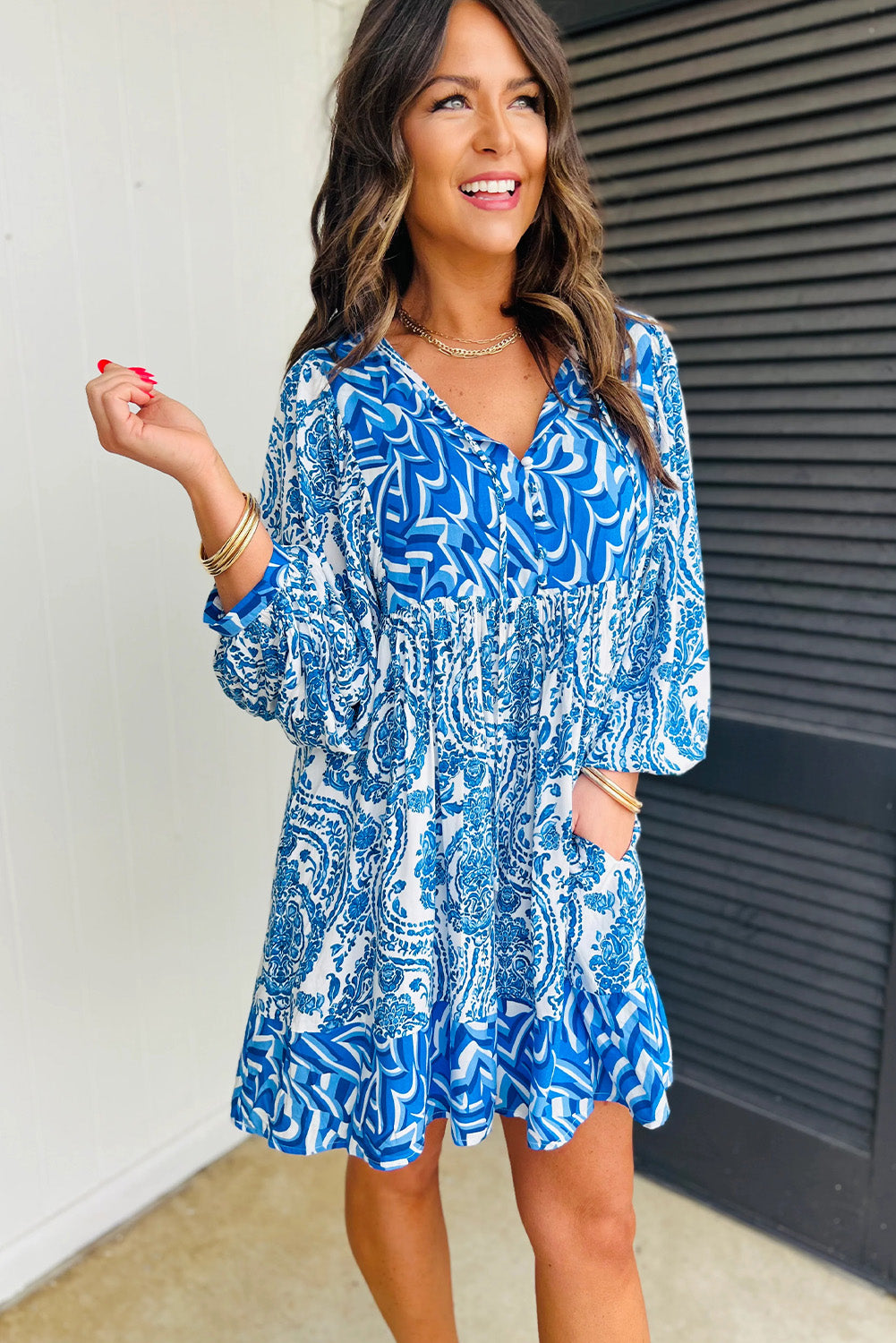 Himmelblau bohemian print puff sleeve tied v neck flared mini dress