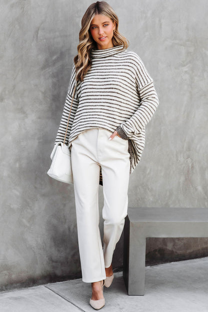 Khaki gestreifter rollkragenpullover lose pullover