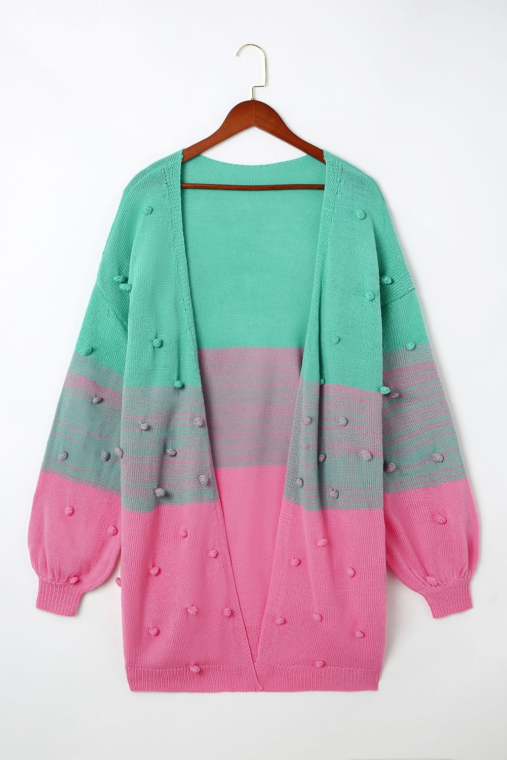 Rose pompom color block open front strickjacke