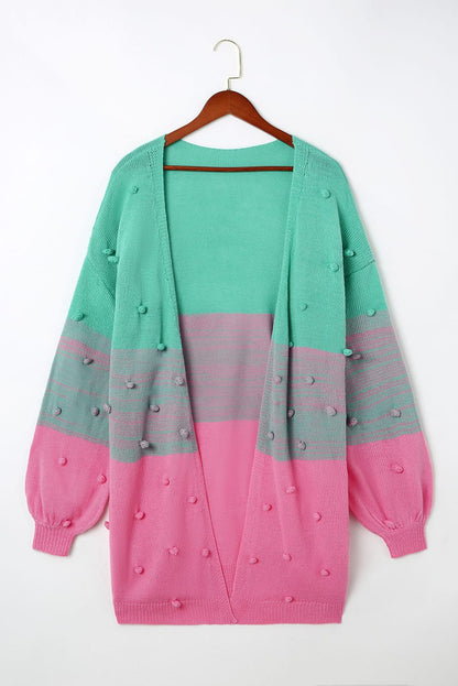 Rose pompom color block open front strickjacke