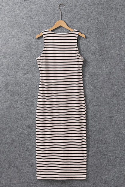 Weißes gestreiftes, ärmelloses maxikleid mit knöpfen