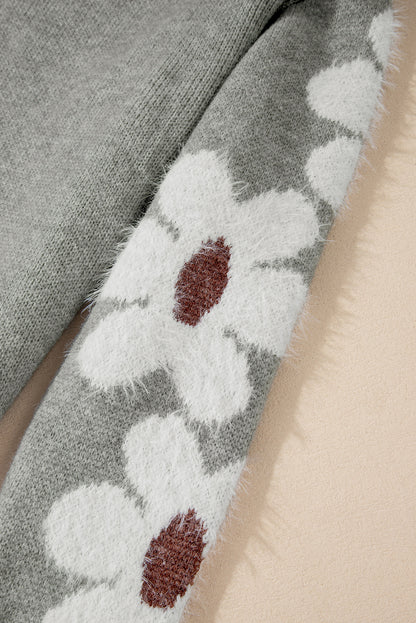 Hellgrauer pullover mit blumenärmeln und hängeschultern