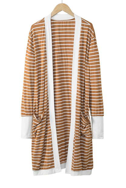 Brauner gestreifter cardigan mit offenen seitentaschen